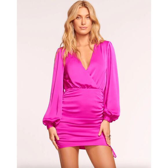 Ramy Brook Foxy‎ Dress Pink Satin Wrap Front Ruched Sides Mini 6 Cocktail Event - Picture 11 of 11
